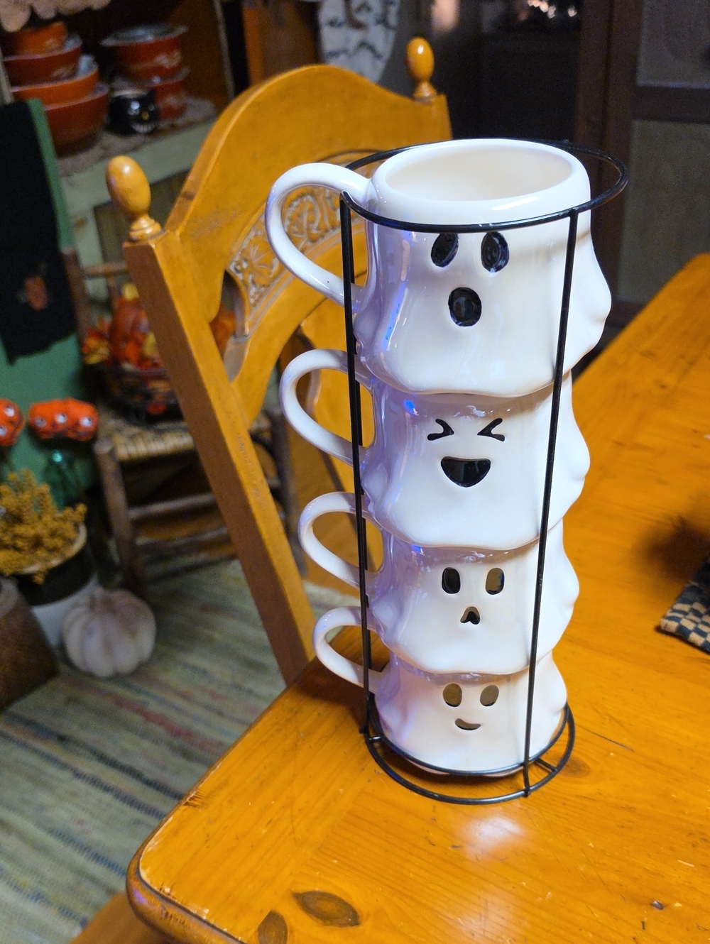 Stackable White Ghost Ceramic Mug Set with Rack - Halloween Tableware
